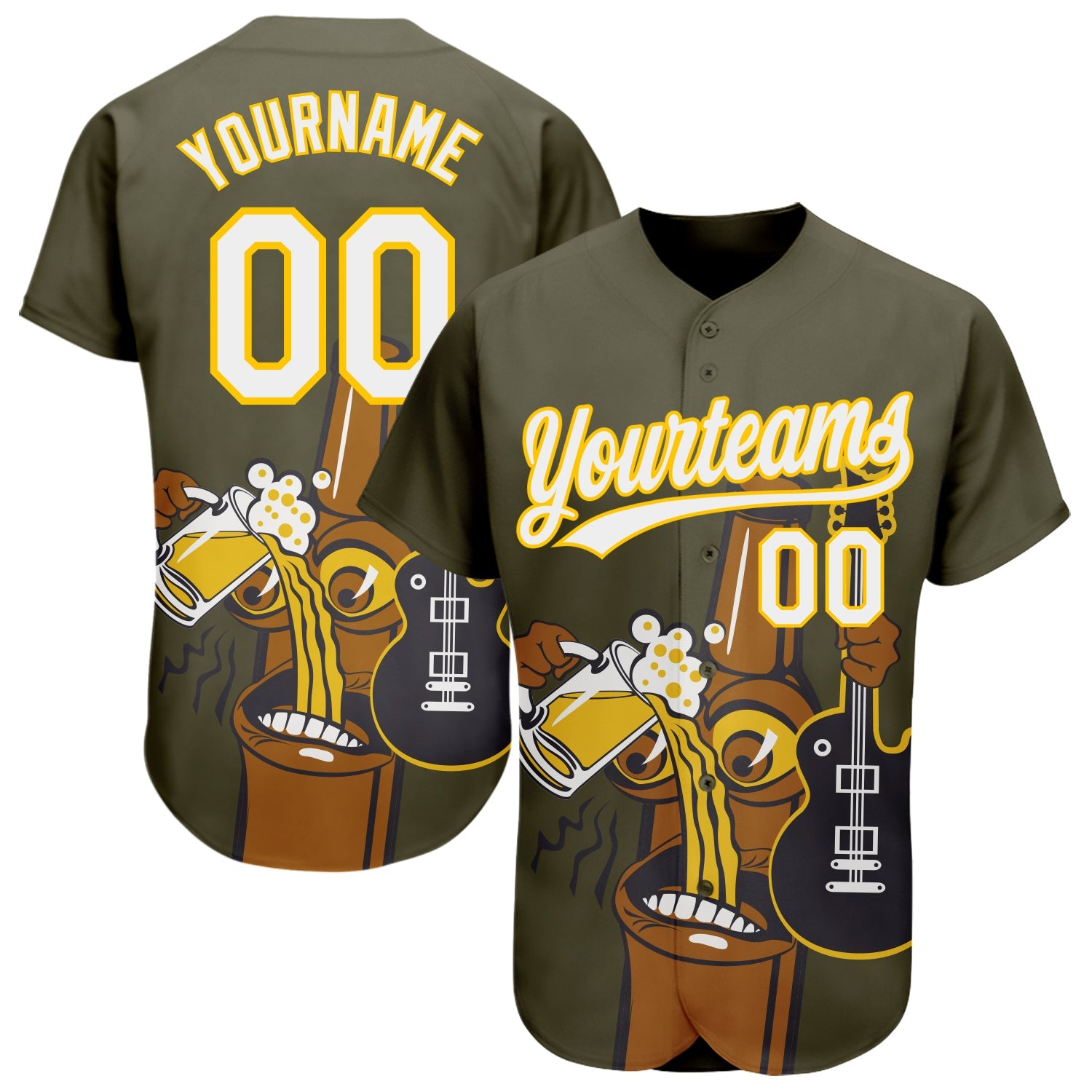 Custom Olive White-Yellow 3D Pattern Design Beer And Music Authentic Baseball Jersey - Main View