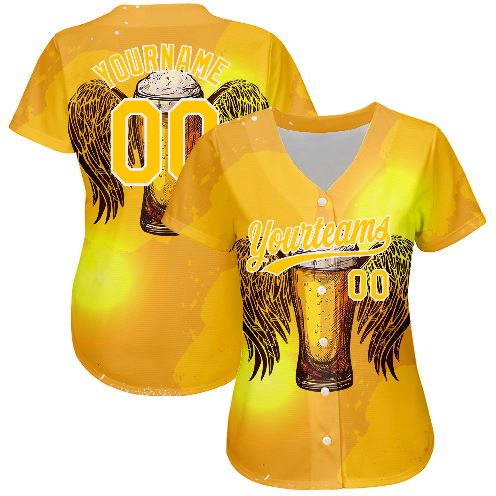 Custom Yellow White 3D Pattern Design Beer Authentic Baseball Jersey view 2
