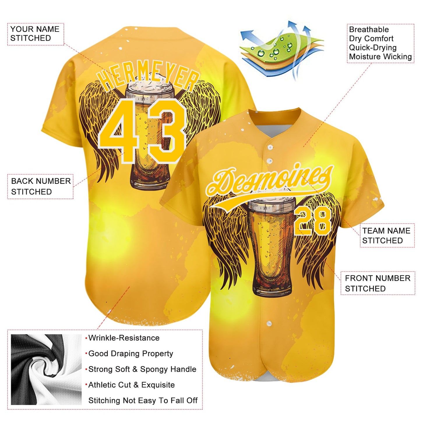 Custom Yellow White 3D Pattern Design Beer Authentic Baseball Jersey view 3