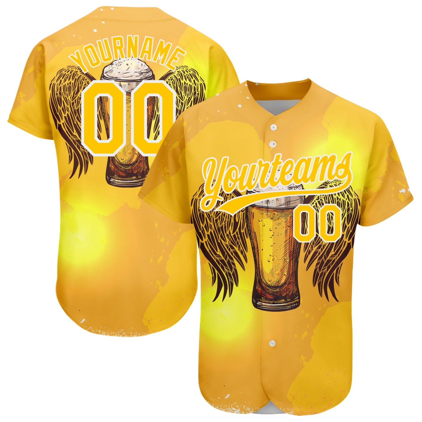 Custom Yellow White 3D Pattern Design Beer Authentic Baseball Jersey - Main View