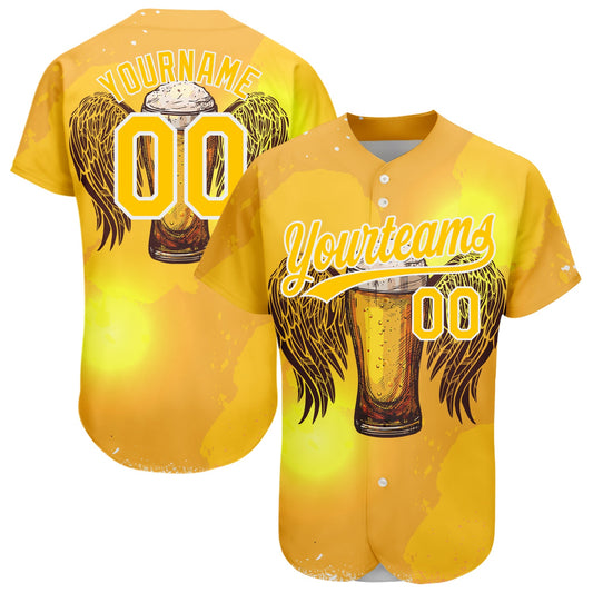 Custom Yellow White 3D Pattern Design Beer Authentic Baseball Jersey - Main View
