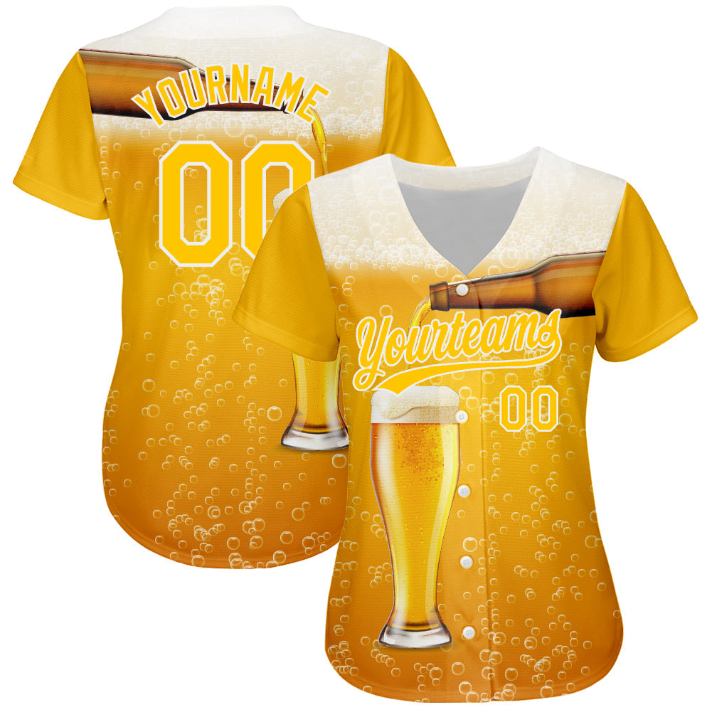Custom Yellow White 3D Pattern Design Beer Authentic Baseball Jersey view 2
