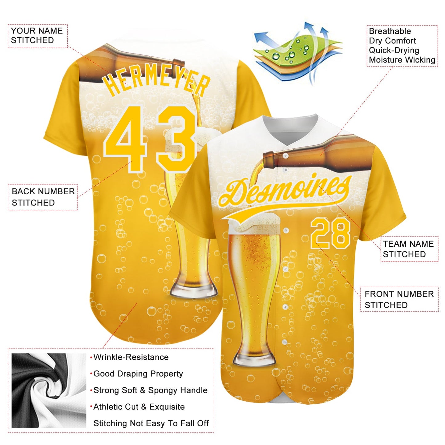 Custom Yellow White 3D Pattern Design Beer Authentic Baseball Jersey view 3