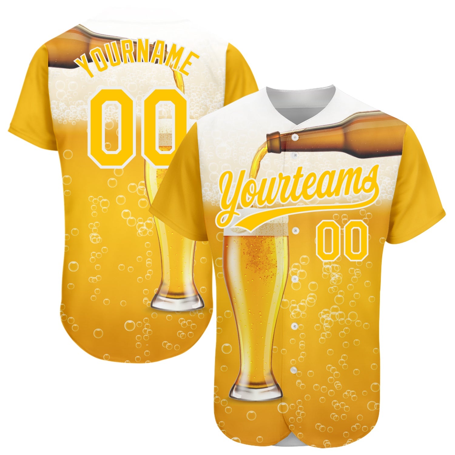 Custom Yellow White 3D Pattern Design Beer Authentic Baseball Jersey - Main View
