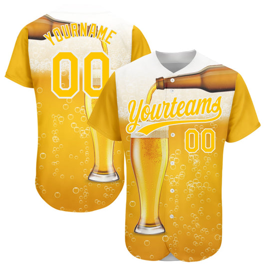 Custom Yellow White 3D Pattern Design Beer Authentic Baseball Jersey - Main View
