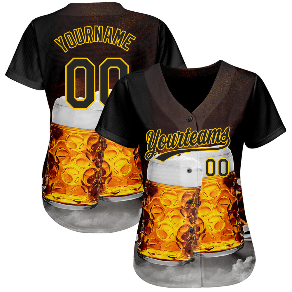 Custom Black Yellow 3D Pattern Design Beer Festival Authentic Baseball Jersey view 2