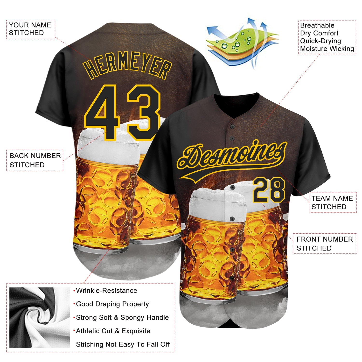 Custom Black Yellow 3D Pattern Design Beer Festival Authentic Baseball Jersey view 3