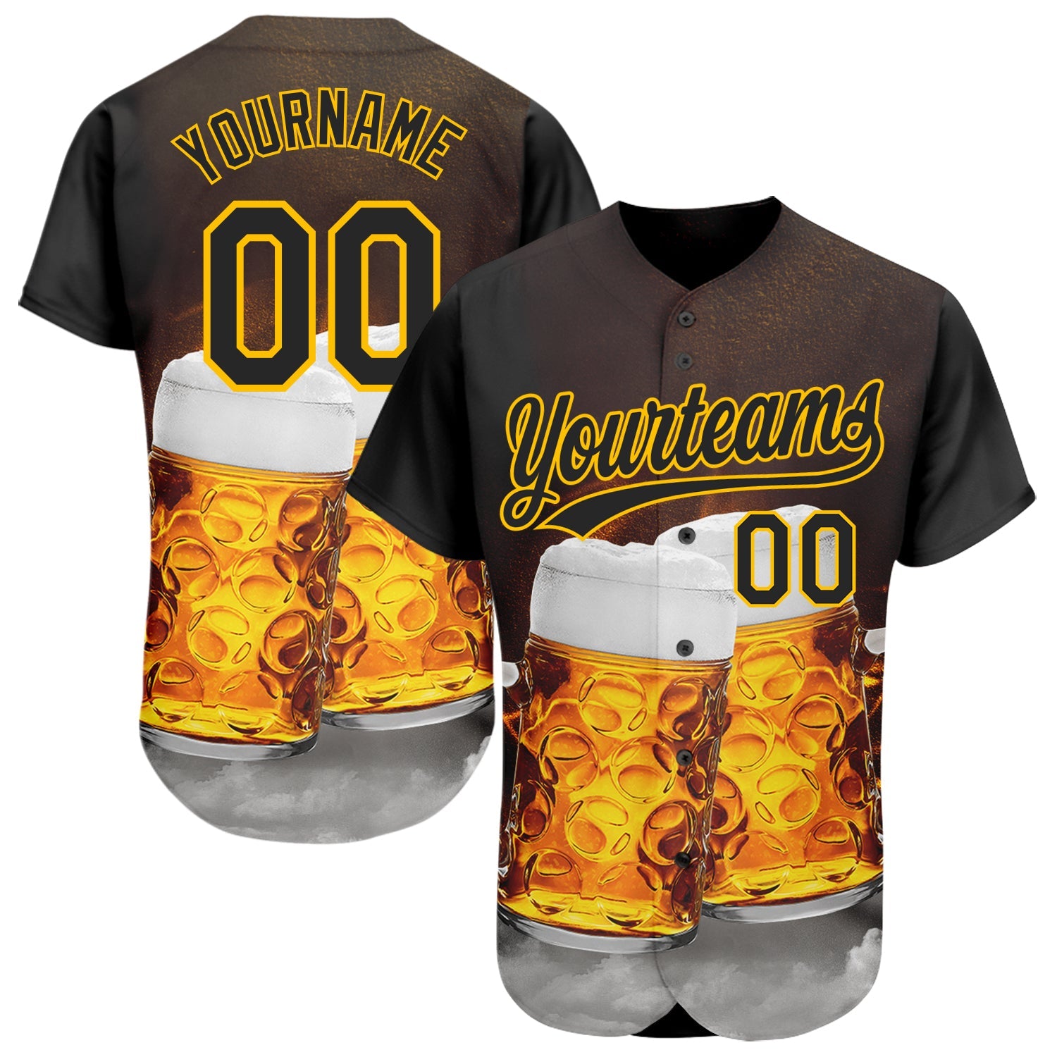 Custom Black Yellow 3D Pattern Design Beer Festival Authentic Baseball Jersey - Main View