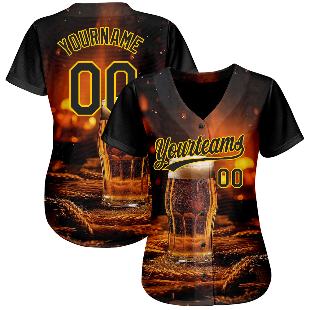 Custom Black Yellow 3D Pattern Design International Beer Day Authentic Baseball Jersey view 2