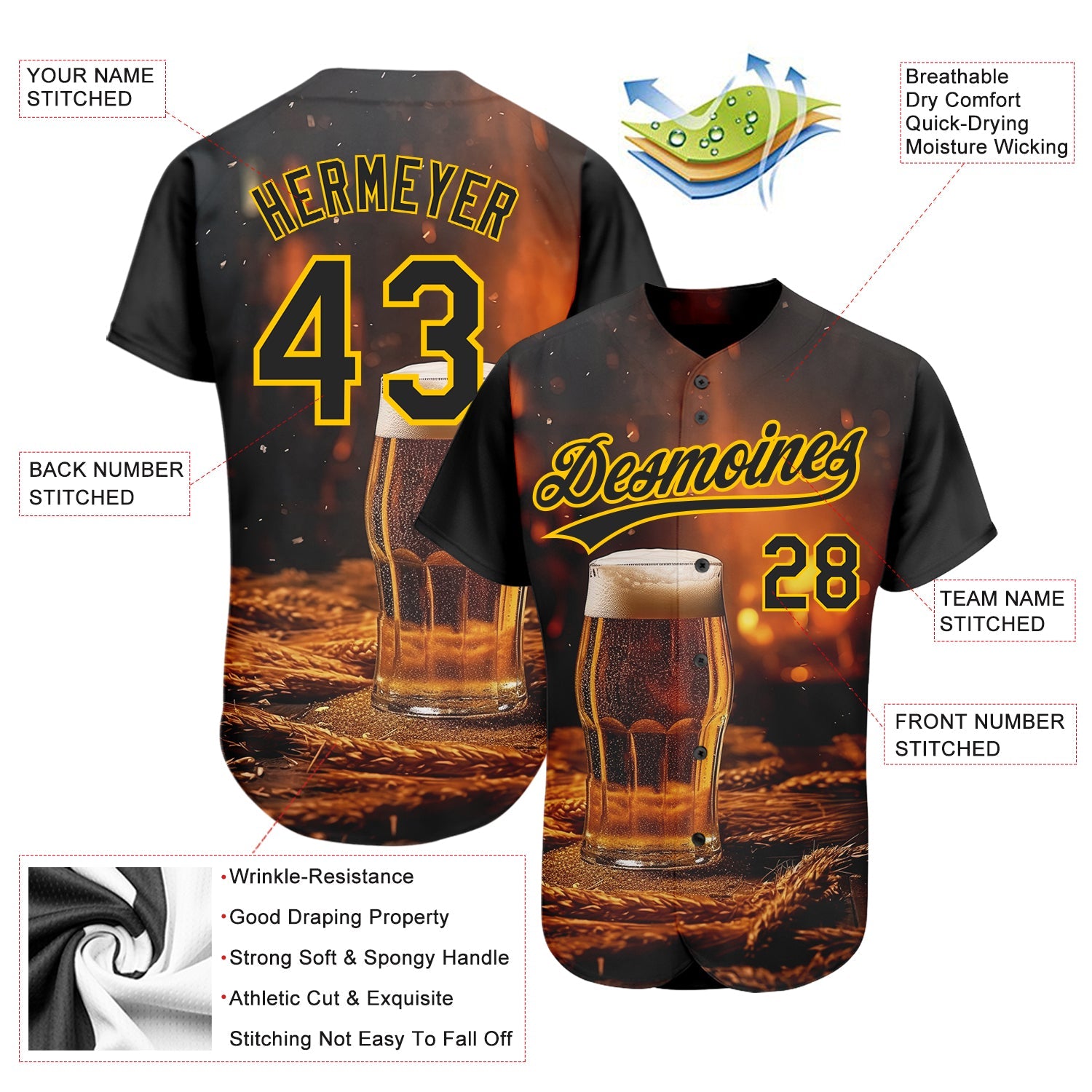 Custom Black Yellow 3D Pattern Design International Beer Day Authentic Baseball Jersey view 3