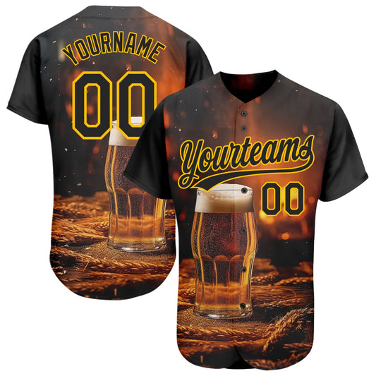 Custom Black Yellow 3D Pattern Design International Beer Day Authentic Baseball Jersey - Main View