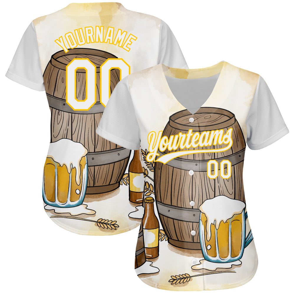 Custom White Yellow 3D Pattern Design International Beer Day Authentic Baseball Jersey view 2