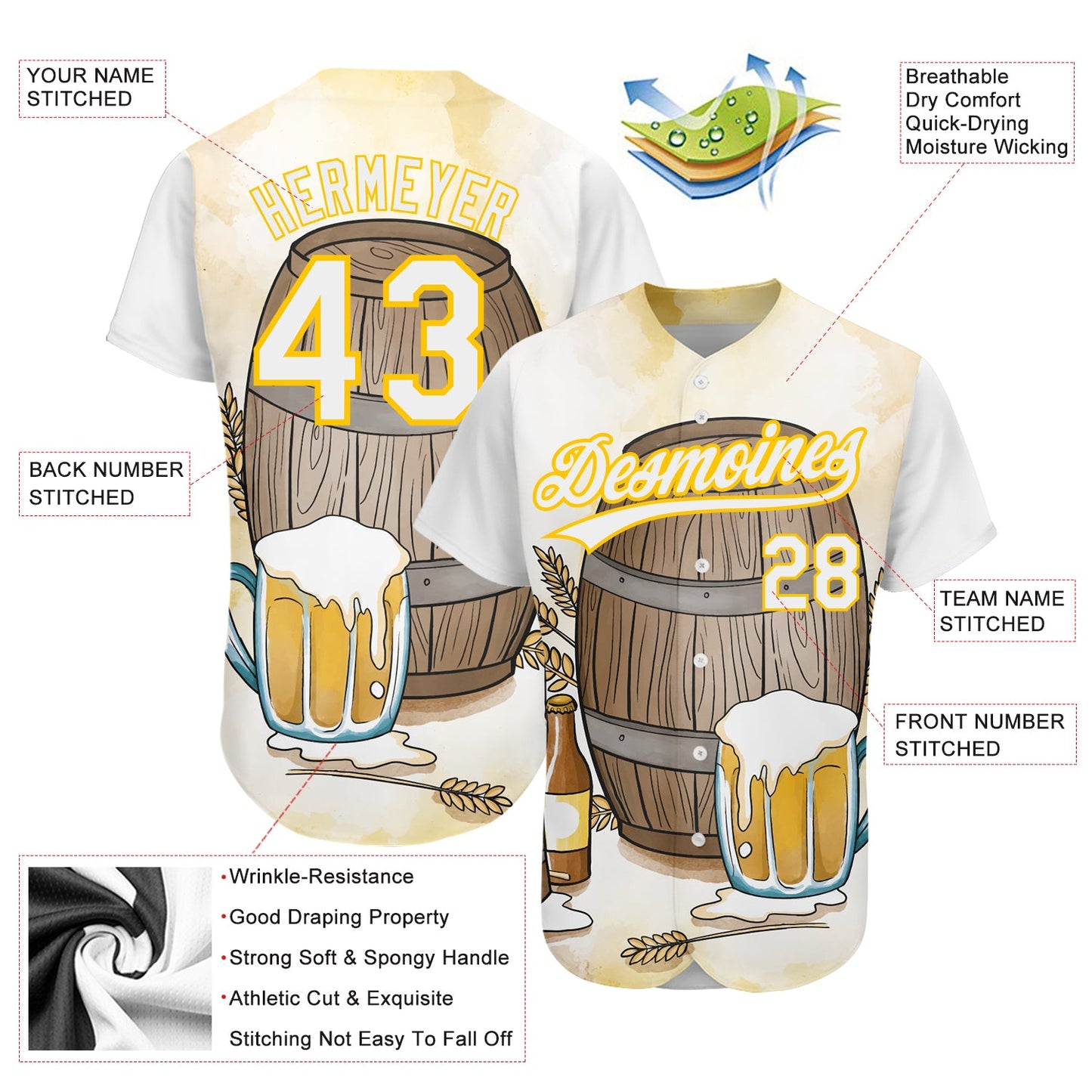 Custom White Yellow 3D Pattern Design International Beer Day Authentic Baseball Jersey view 3