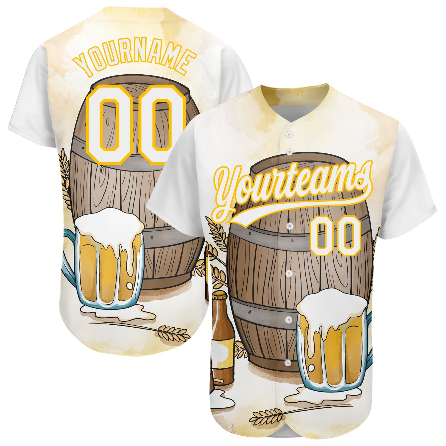 Custom White Yellow 3D Pattern Design International Beer Day Authentic Baseball Jersey - Main View