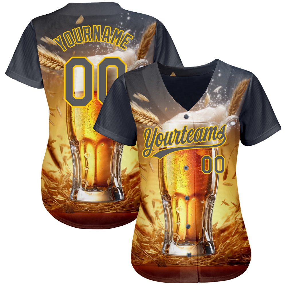 Custom Steel Gray Yellow 3D Pattern Design International Beer Day Authentic Baseball Jersey view 2