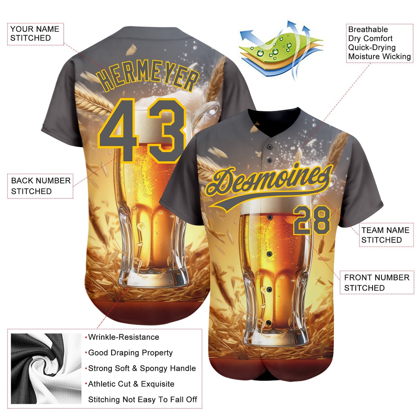 Custom Steel Gray Yellow 3D Pattern Design International Beer Day Authentic Baseball Jersey view 3