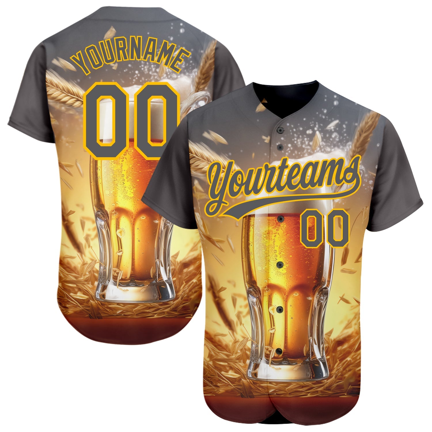 Custom Steel Gray Yellow 3D Pattern Design International Beer Day Authentic Baseball Jersey - Main View
