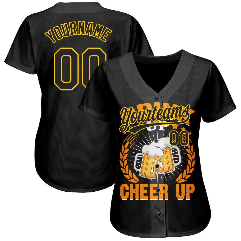 Custom Black Yellow 3D Pattern Design International Beer Day Authentic Baseball Jersey view 2