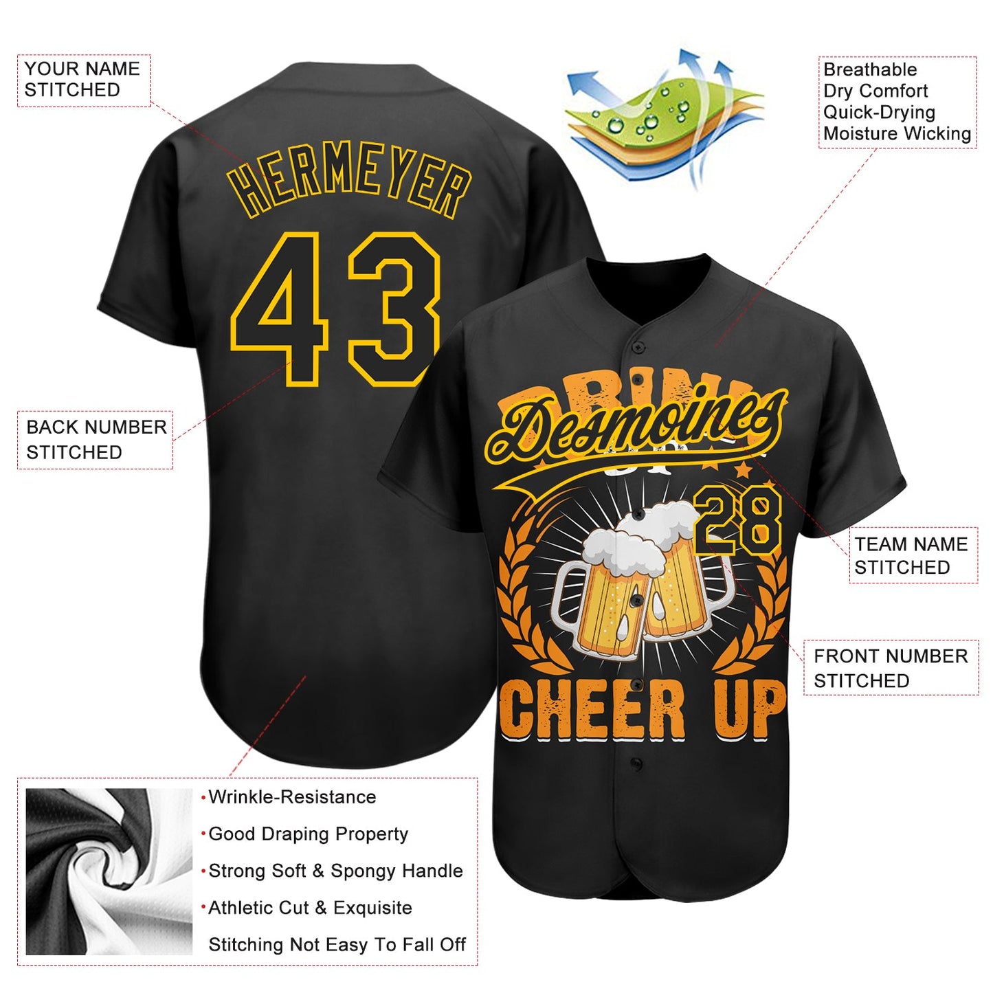 Custom Black Yellow 3D Pattern Design International Beer Day Authentic Baseball Jersey view 3