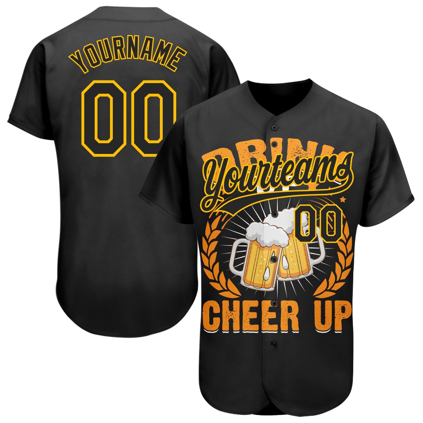 Custom Black Yellow 3D Pattern Design International Beer Day Authentic Baseball Jersey - Main View