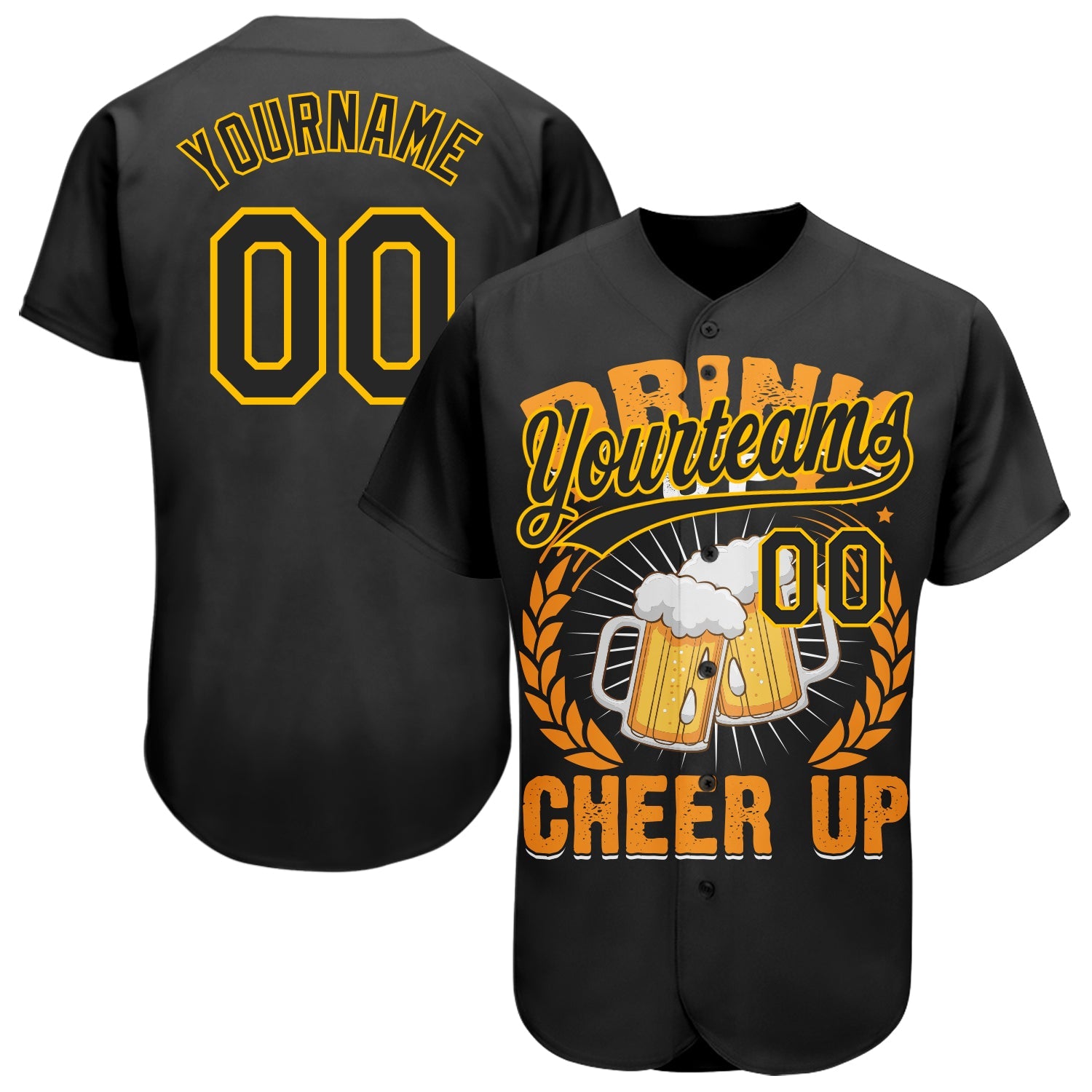 Custom Black Yellow 3D Pattern Design International Beer Day Authentic Baseball Jersey - Main View