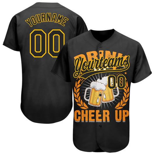 Custom Black Yellow 3D Pattern Design International Beer Day Authentic Baseball Jersey - Main View