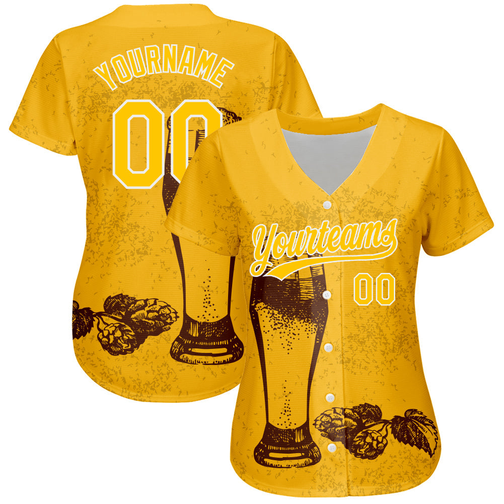 Custom Yellow White 3D Pattern Design Beer Festival Authentic Baseball Jersey view 2