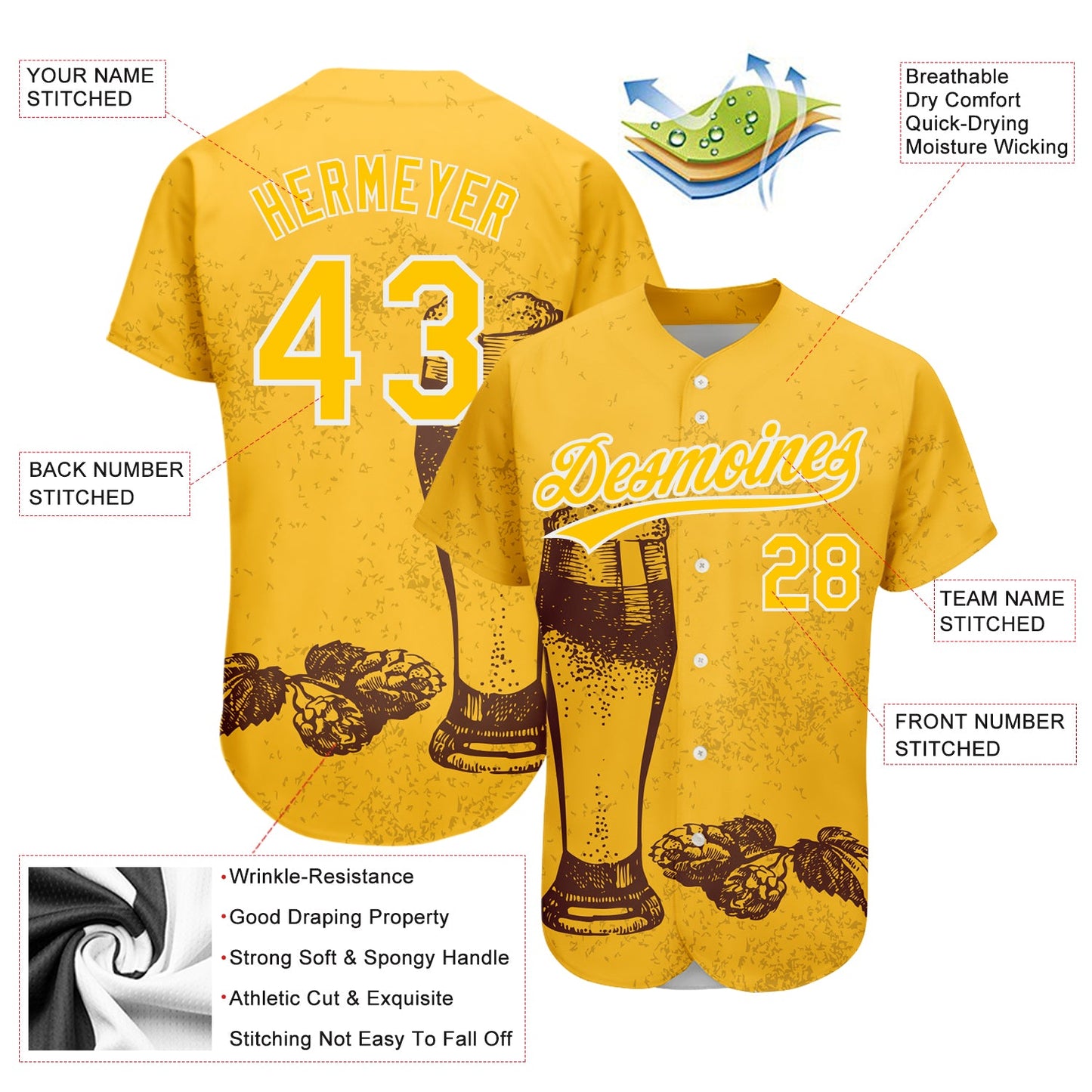 Custom Yellow White 3D Pattern Design Beer Festival Authentic Baseball Jersey view 3