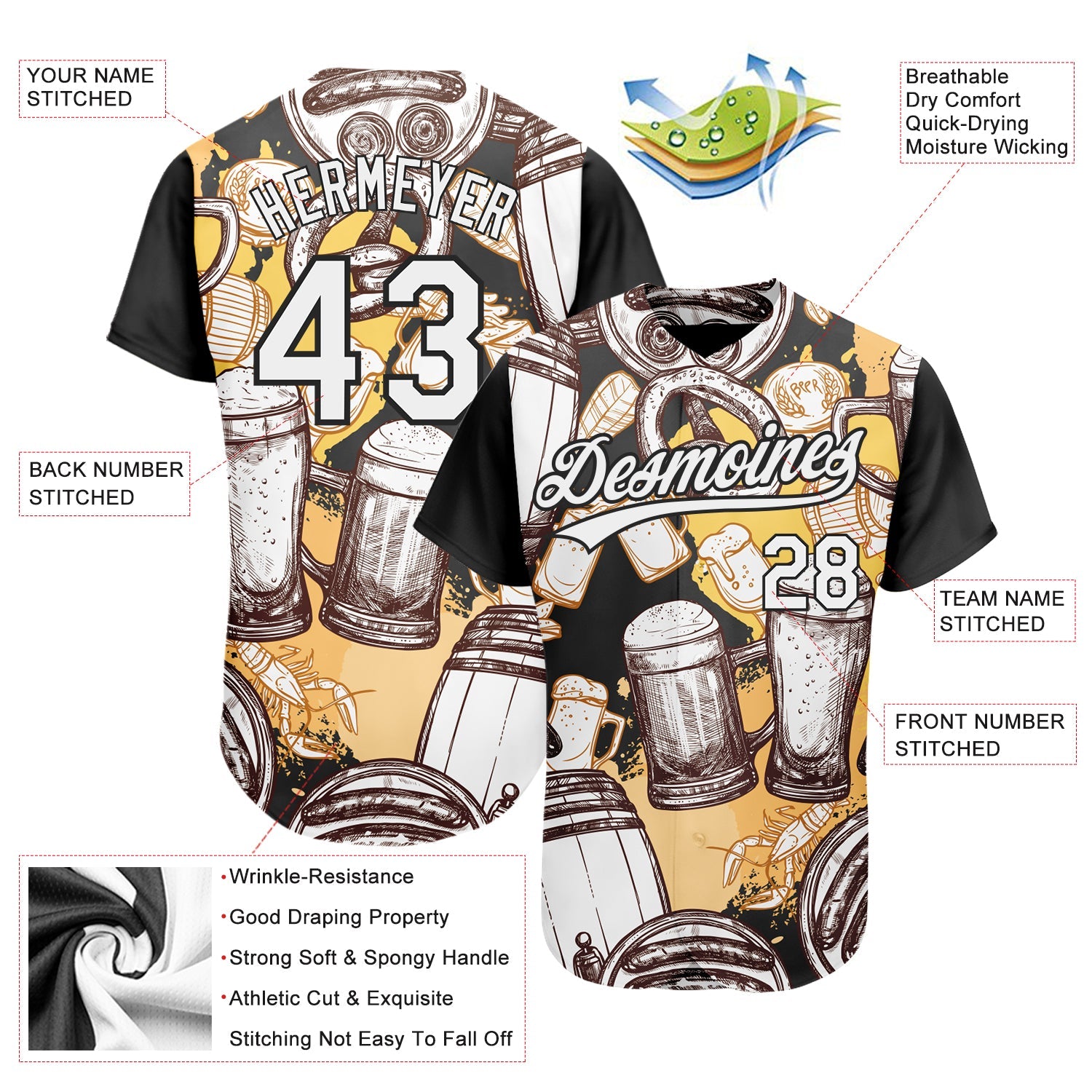 Custom White Black 3D Pattern Design Beer Festival Authentic Baseball Jersey view 3