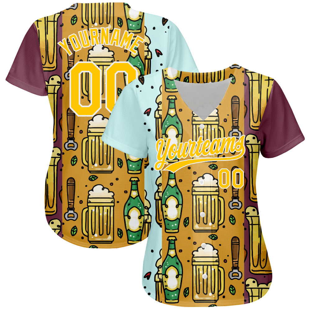 Custom Yellow White 3D Pattern Design Beer Festival Authentic Baseball Jersey view 2