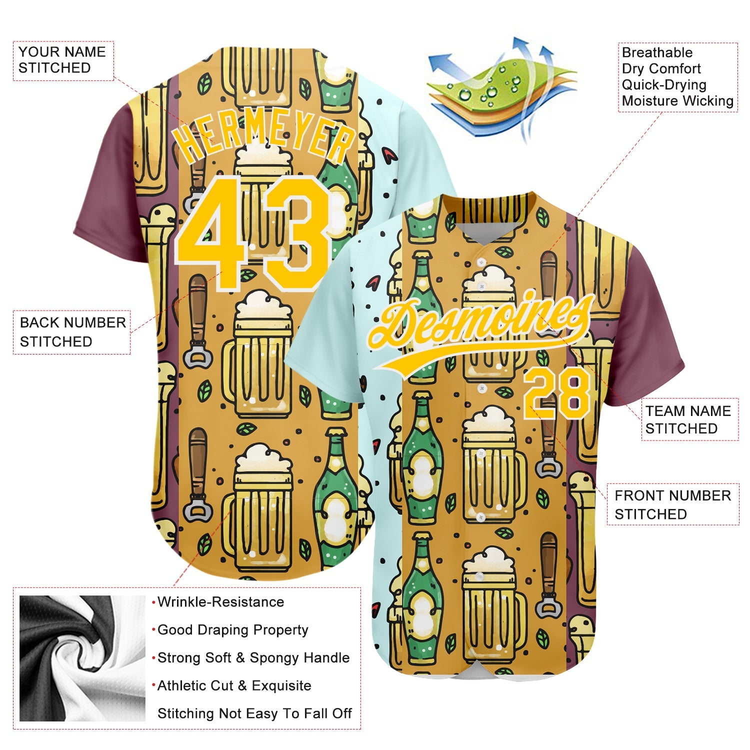 Custom Yellow White 3D Pattern Design Beer Festival Authentic Baseball Jersey view 3