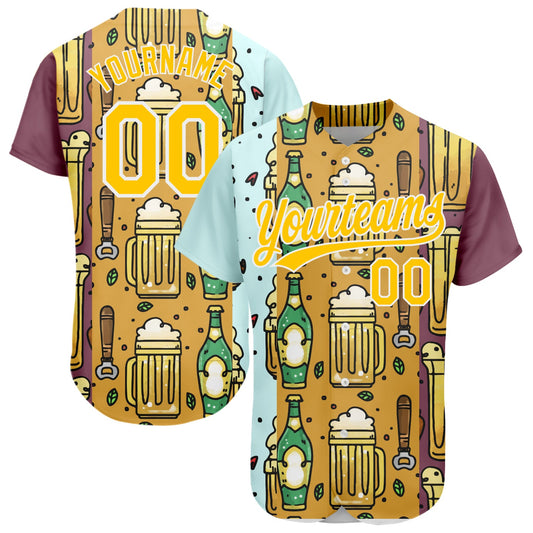 Custom Yellow White 3D Pattern Design Beer Festival Authentic Baseball Jersey - Main View