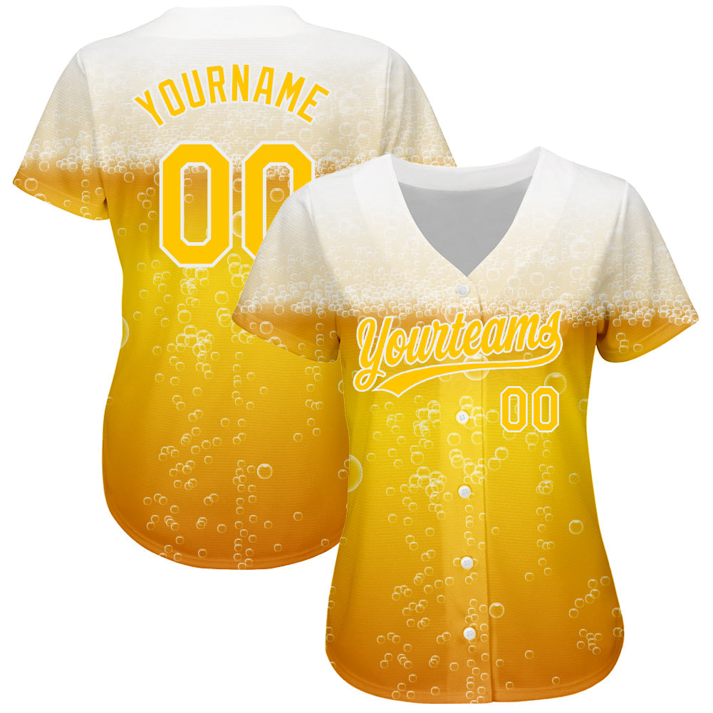 Custom Yellow White 3D Pattern Design Beer Authentic Baseball Jersey view 2