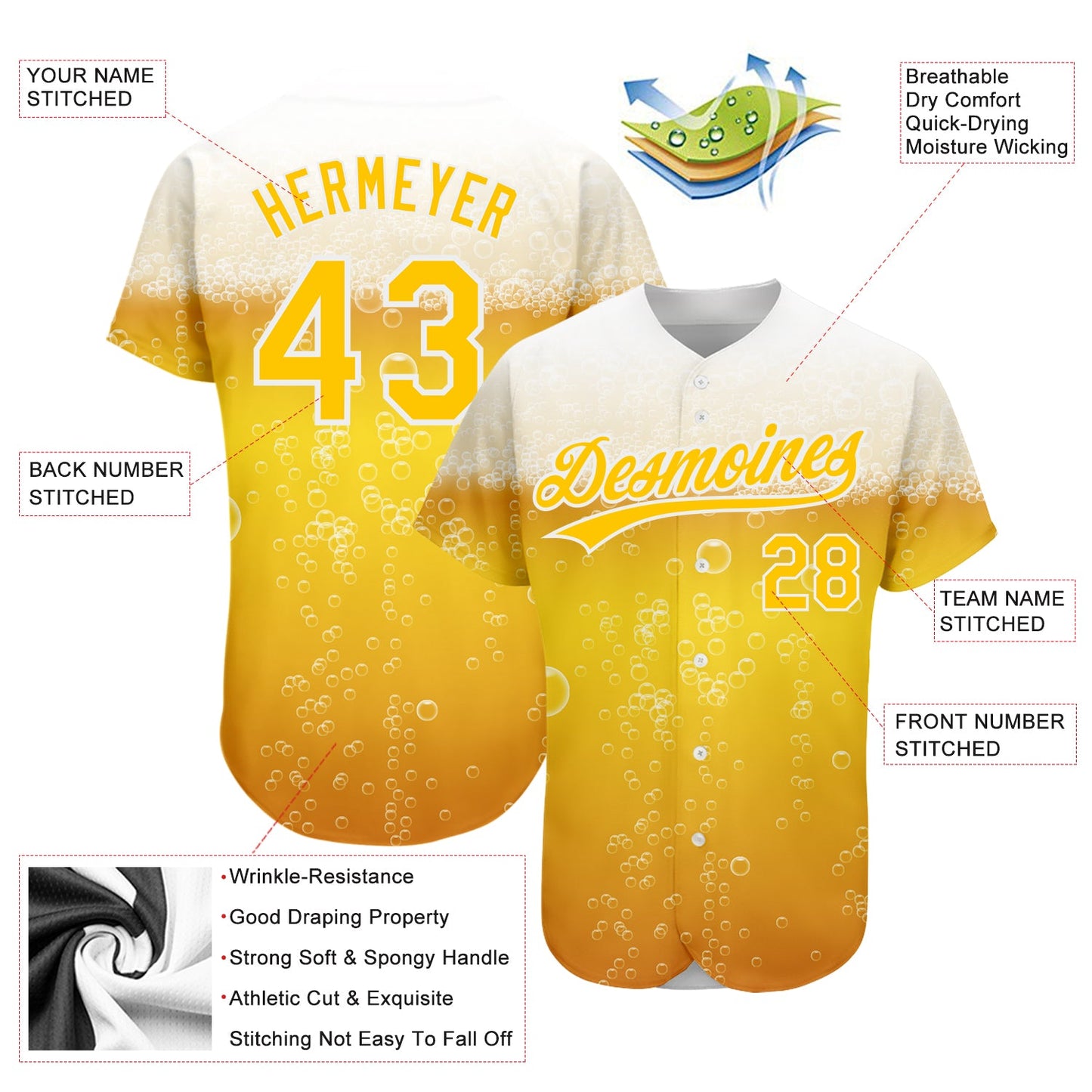 Custom Yellow White 3D Pattern Design Beer Authentic Baseball Jersey view 3