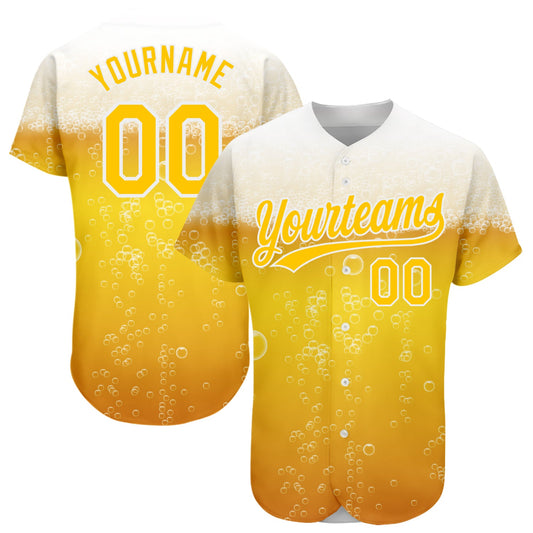 Custom Yellow White 3D Pattern Design Beer Authentic Baseball Jersey - Main View