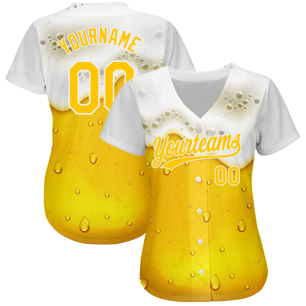 Custom Yellow White 3D Pattern Design Beer Authentic Baseball Jersey view 2