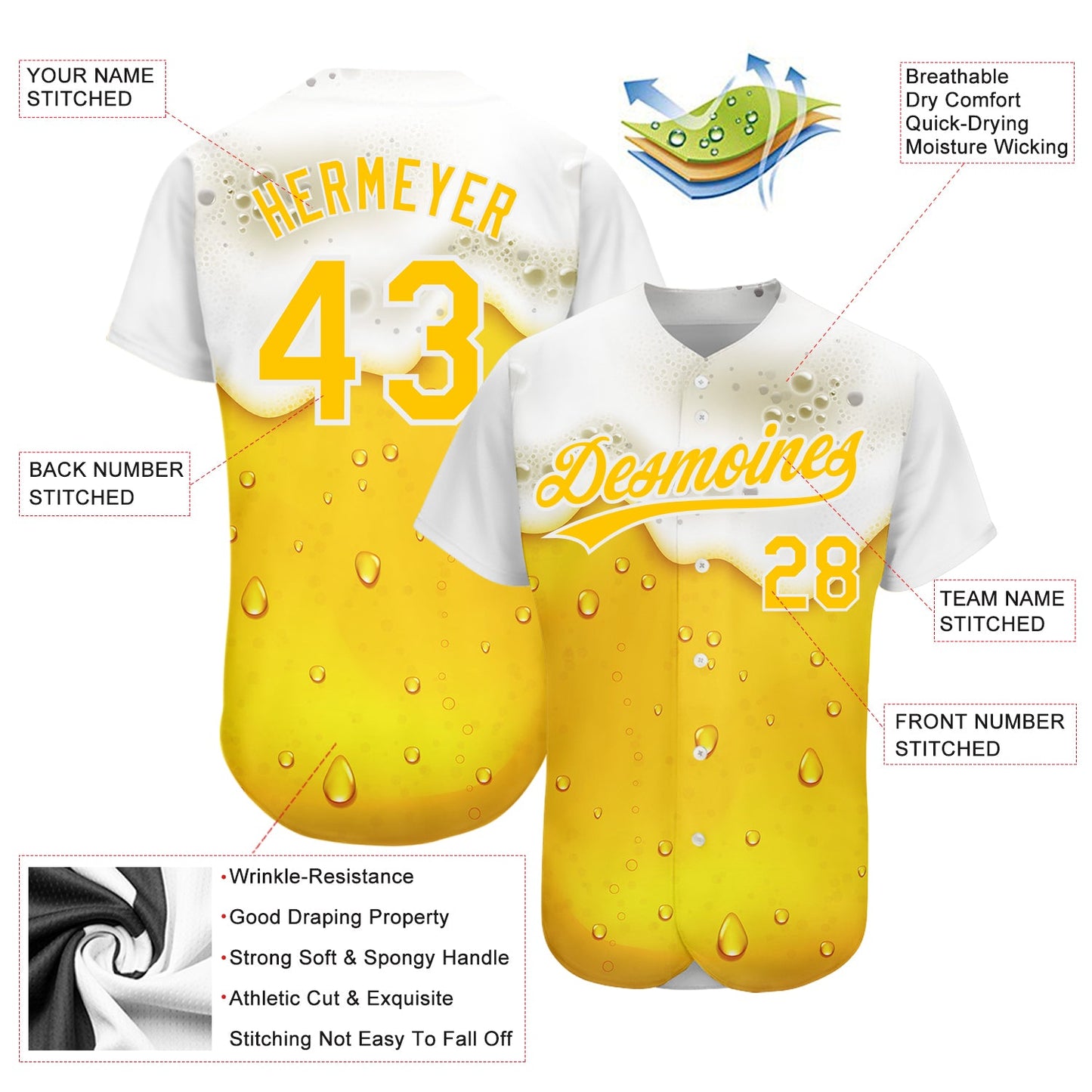 Custom Yellow White 3D Pattern Design Beer Authentic Baseball Jersey view 3
