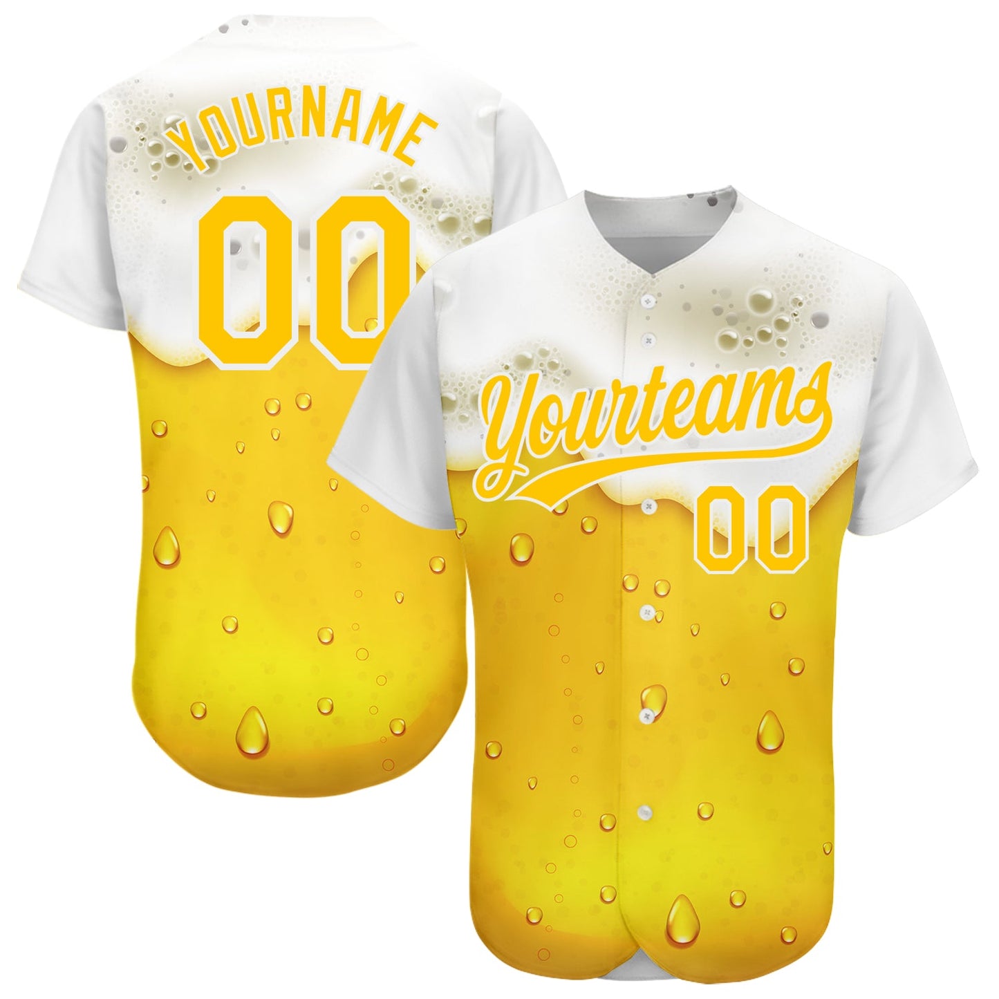 Custom Yellow White 3D Pattern Design Beer Authentic Baseball Jersey - Main View