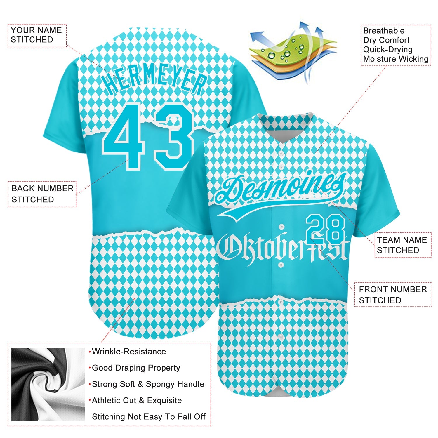 Custom Lakes Blue White 3D Pattern Design Oktoberfest Authentic Baseball Jersey view 3