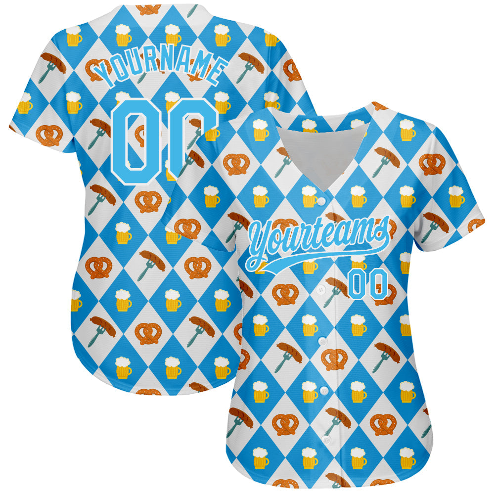 Custom White Sky Blue 3D Pattern Design Beer Festival Authentic Baseball Jersey view 2