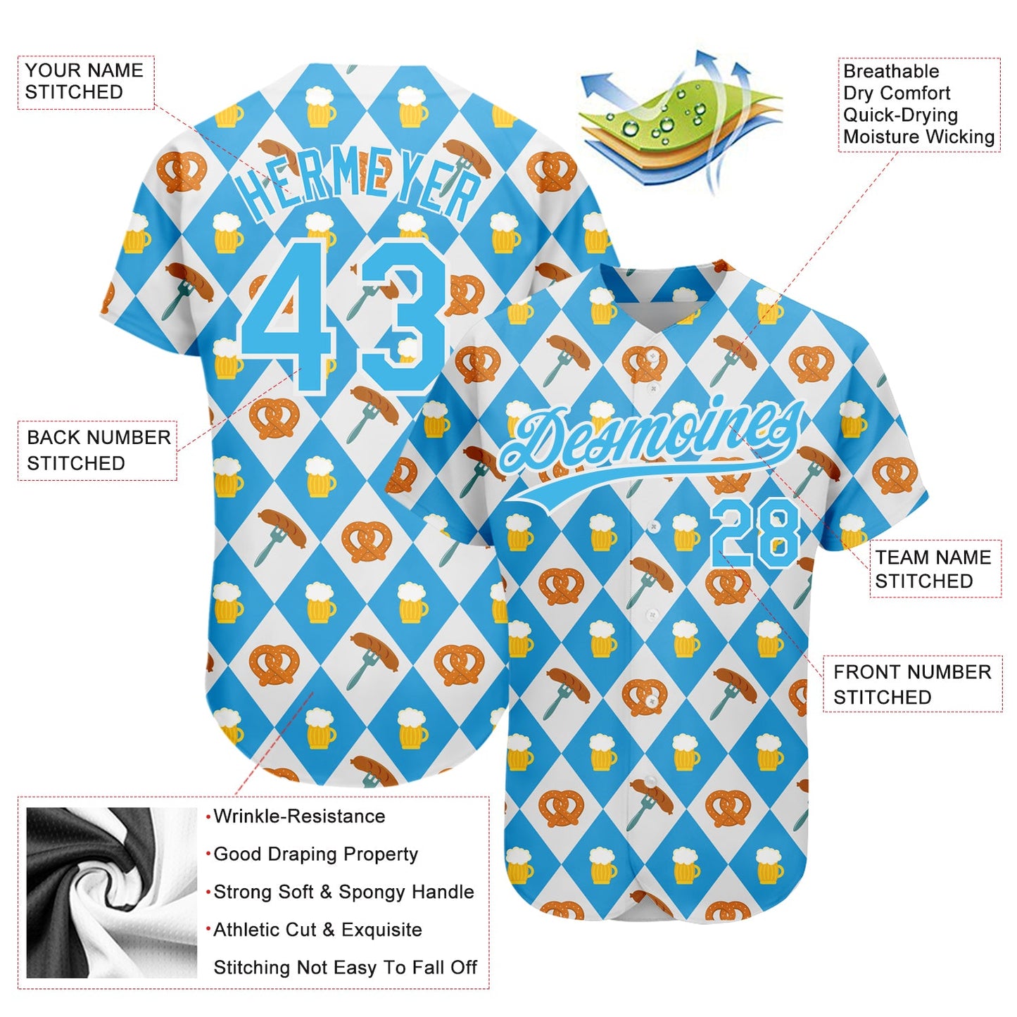 Custom White Sky Blue 3D Pattern Design Beer Festival Authentic Baseball Jersey view 3
