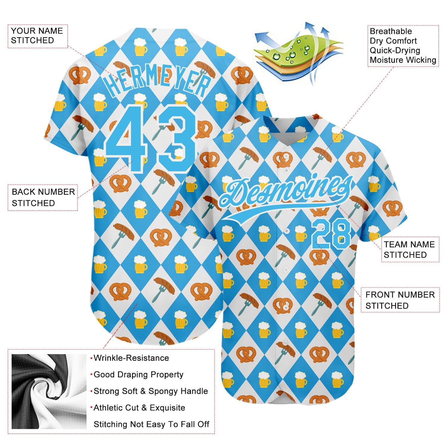 Custom White Sky Blue 3D Pattern Design Beer Festival Authentic Baseball Jersey view 3