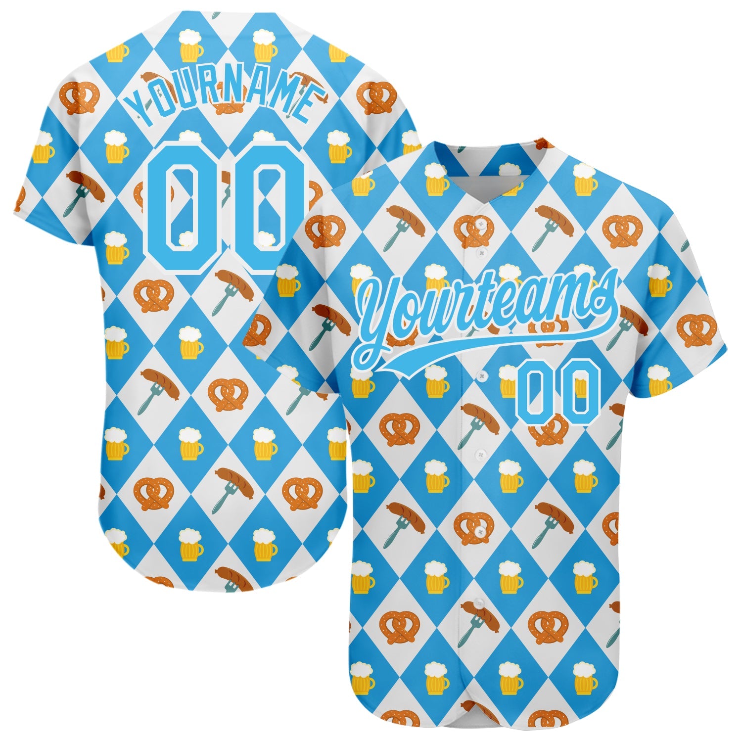 Custom White Sky Blue 3D Pattern Design Beer Festival Authentic Baseball Jersey - Main View