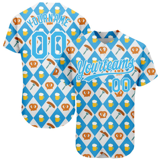 Custom White Sky Blue 3D Pattern Design Beer Festival Authentic Baseball Jersey - Main View