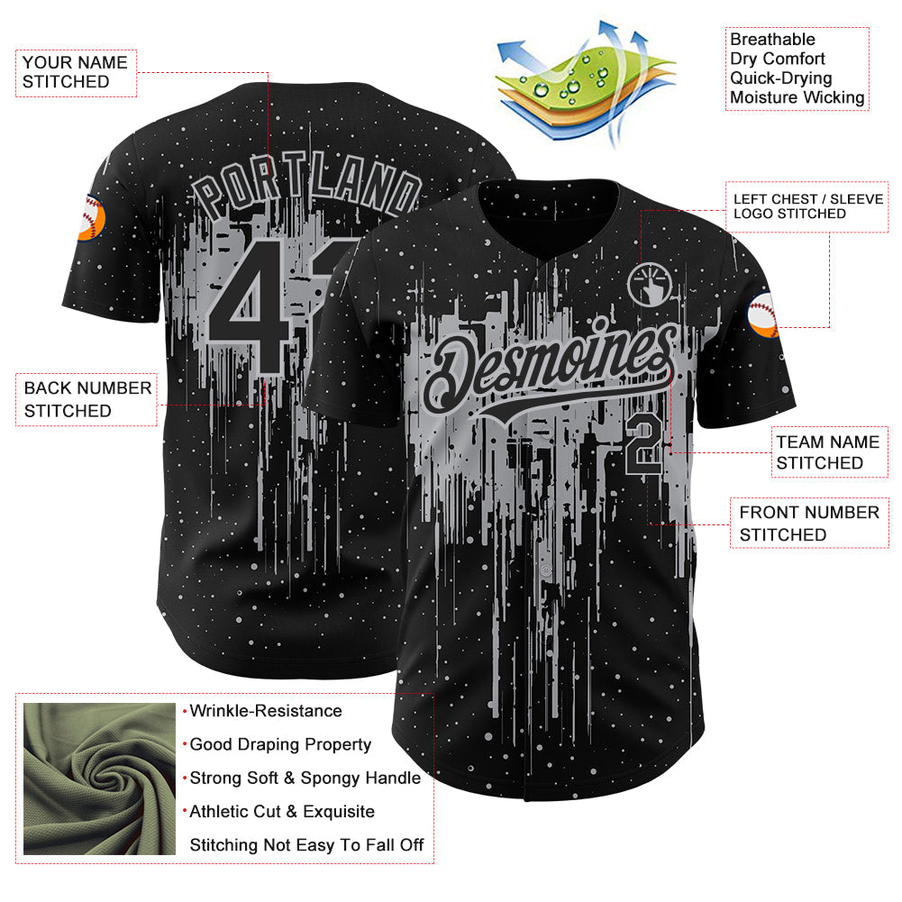 Custom Black Gray 3D Pattern Design Dripping Splatter Art Authentic Baseball Jersey view 3