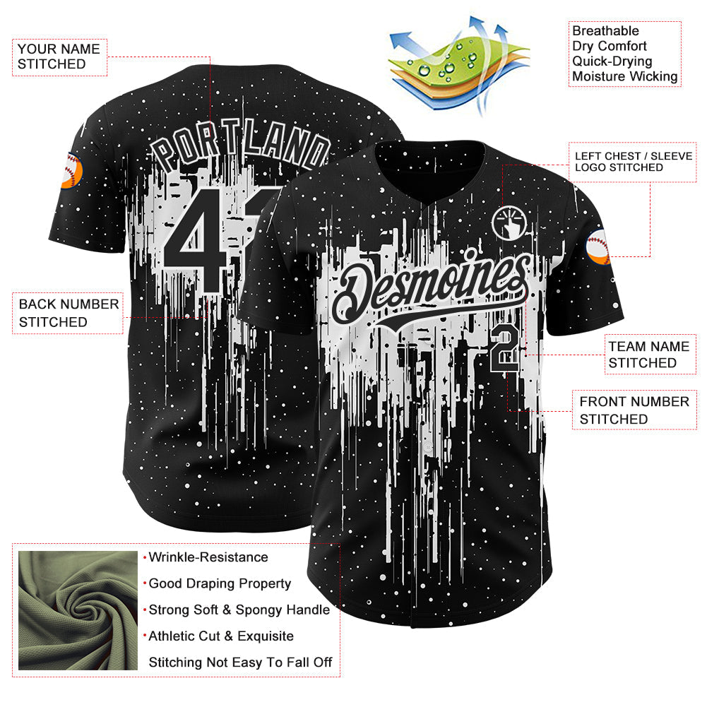 Custom Black White 3D Pattern Design Dripping Splatter Art Authentic Baseball Jersey view 3