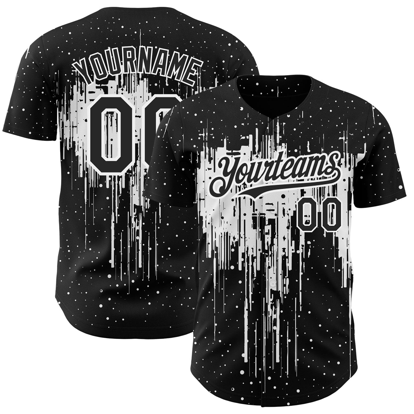 Custom Black White 3D Pattern Design Dripping Splatter Art Authentic Baseball Jersey - Main View
