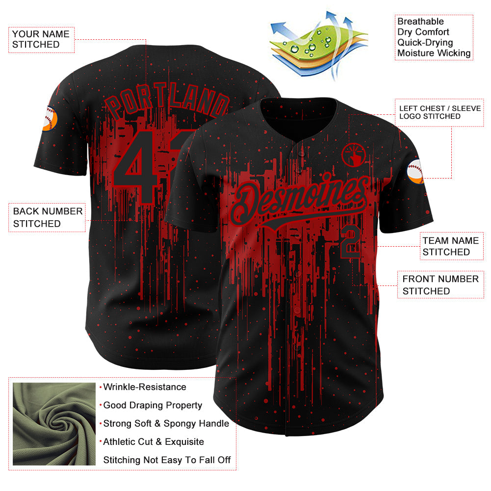 Custom Black Red 3D Pattern Design Dripping Splatter Art Authentic Baseball Jersey view 3