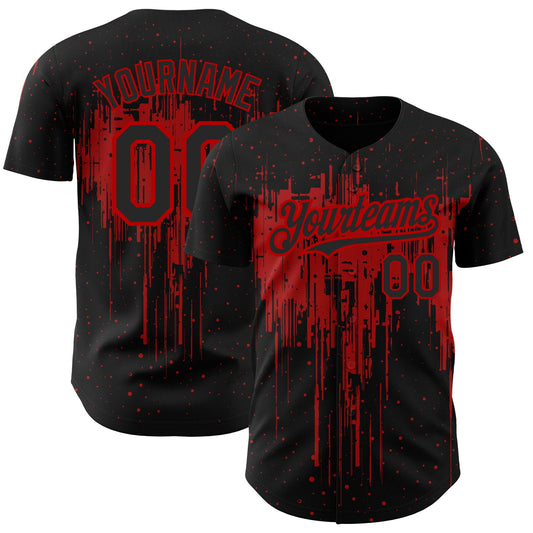 Custom Black Red 3D Pattern Design Dripping Splatter Art Authentic Baseball Jersey - Main View