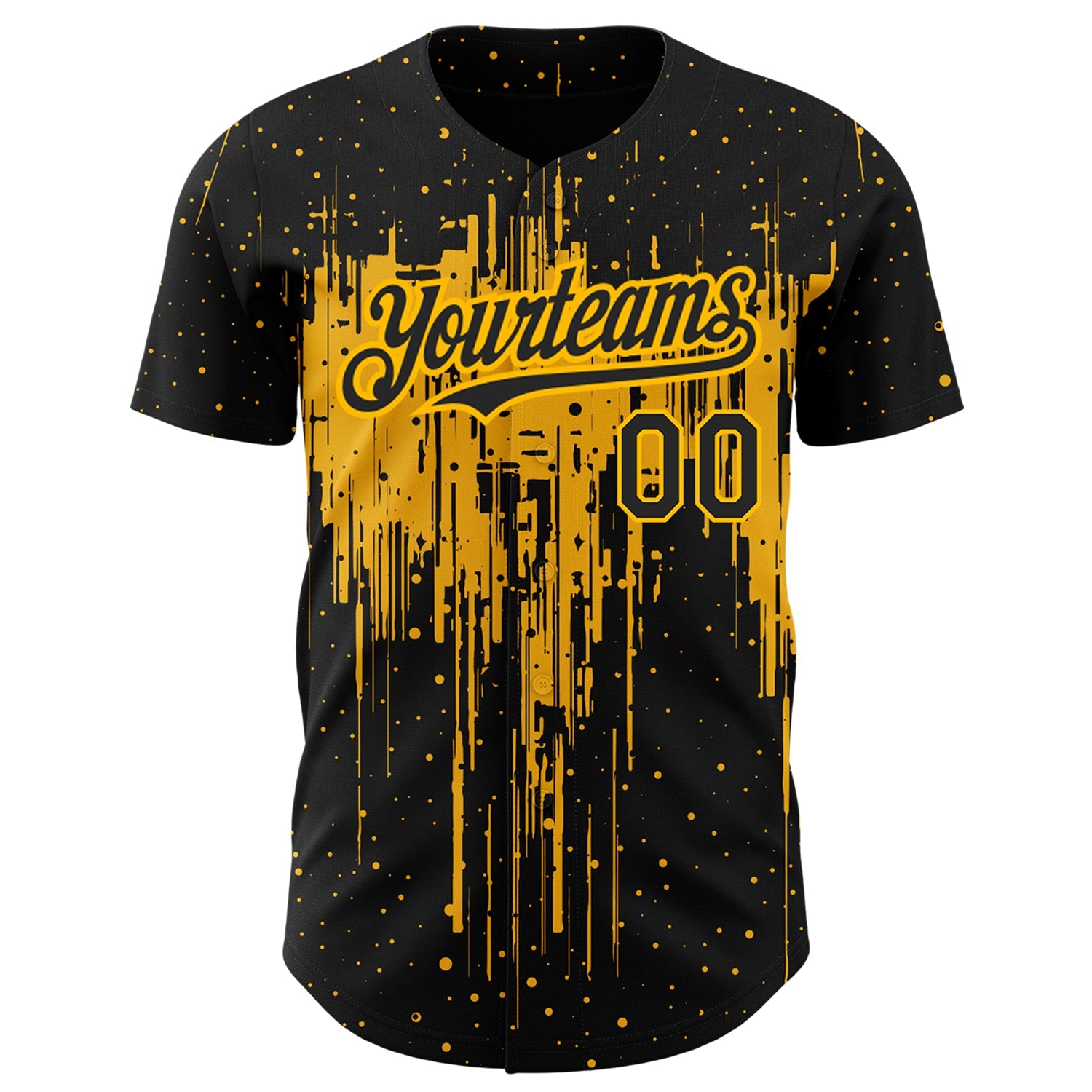 Custom Black Gold 3D Pattern Design Dripping Splatter Art Authentic Baseball Jersey view 2